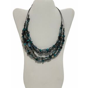 Layered Beaded Gemstone Statement Necklace Turquoise Color Beads Blue Gunmetal‎